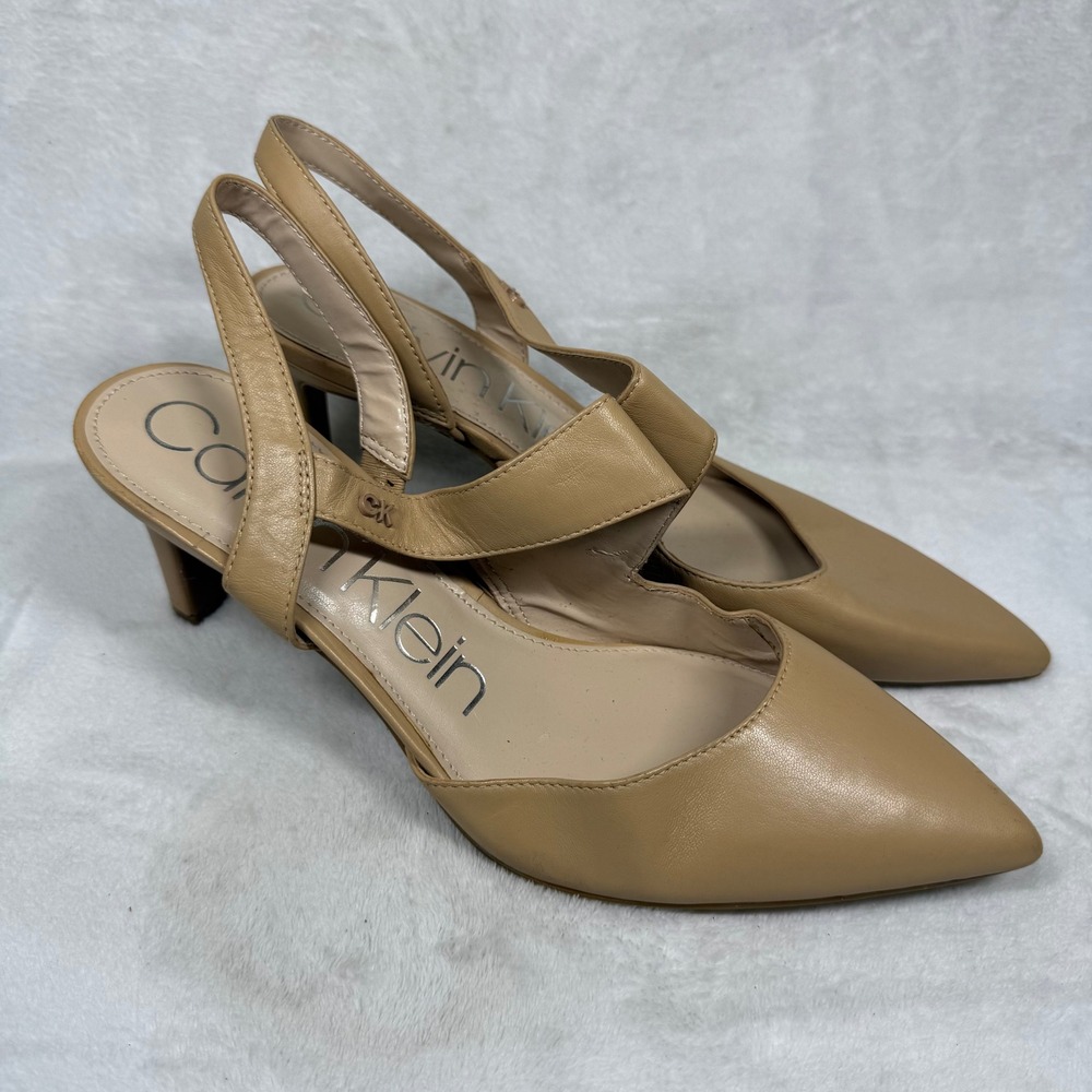 Calvin Klein Tan Leather Pointed Toe Slingback Asymmetrical Strap Heels 9.5‎